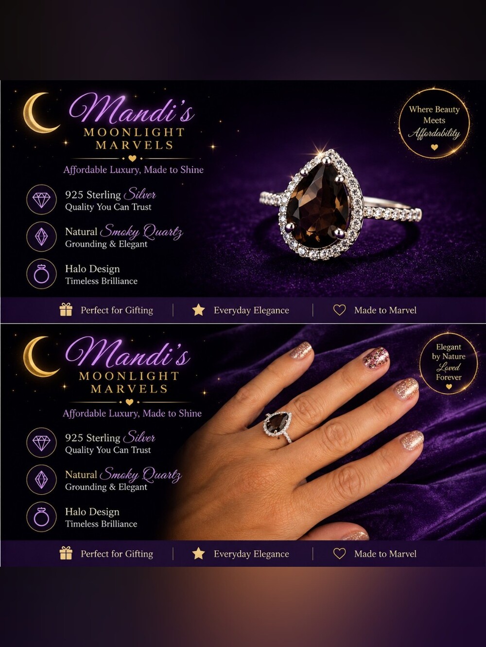 Moonlight Marvels Smoky Quartz Halo Ring in Silver